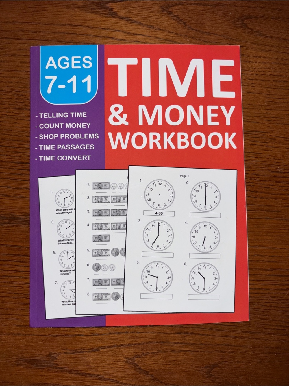 Time & Money Homeschool Practice Workbook- Ages 7-11 - Red, Purple, White
